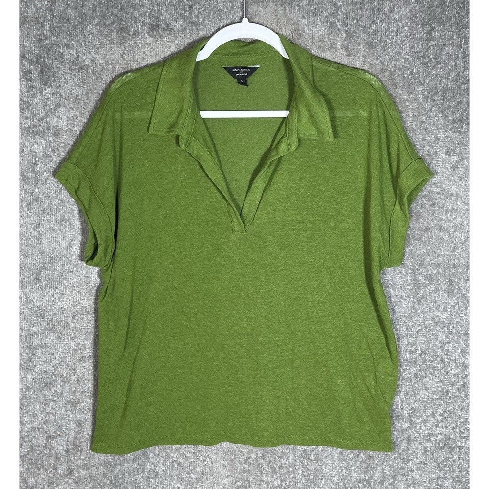 Banana Republic Linen Blend Polo Top Womens Size Large Green Short Sleeve Cuffed